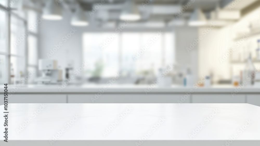 Poster blurred lab interior featuring an empty white table for product display. professional environment id
