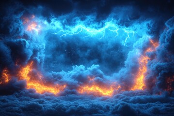 Fototapeta premium Realistic thunder light and blue smoke cloud bottom frame. Mysterious lightning glow border wide panoramic element