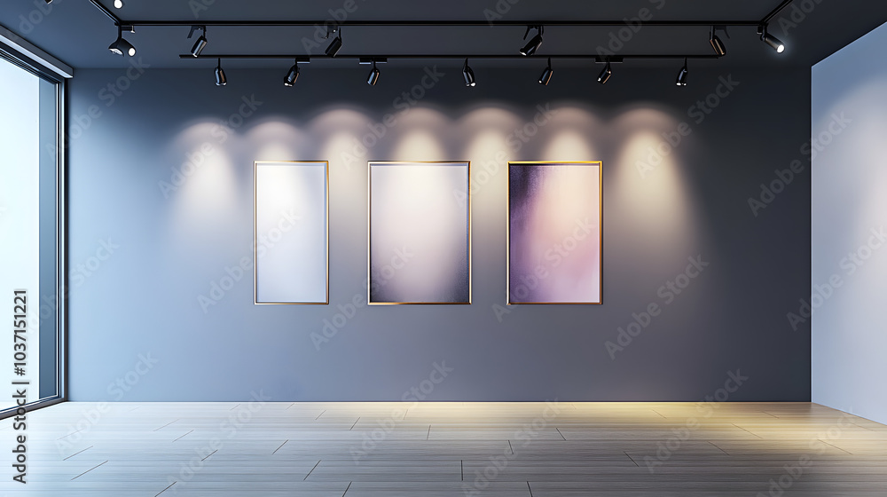 Poster empty modern gallery wall with spotlights for art display. 3d rendering