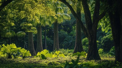 Ancient cycads and ginkgo trees standing tall in a lush, primeval forest environment.