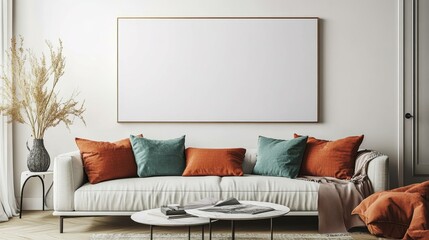A minimalistic living room featuring a soft white couch with colorful pillows, modern tables, and elegant decor for a chic serene ambiance.