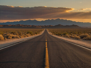 Fototapeta premium A long straight road leading to a bright glowing light at the horizon, symbolizing the journey toward success and victory.