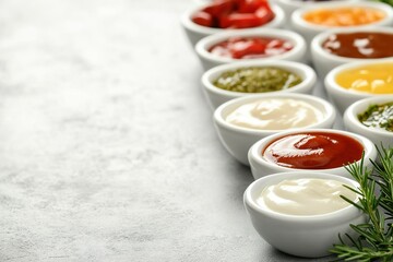 A selection of international condiments on a table.