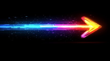 Colorful neon arrow, glowing effect, dark background.