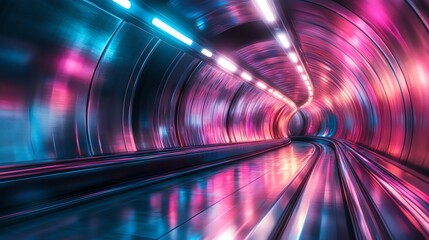 Colorful tunnel with glowing lights and reflections, creating a dynamic perspective.
