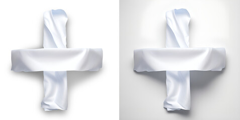 Plus icon in fabric cloth style icon with transparent background.Pure white colored fabric cloth damped and twisted with soft shadows, best for clothing related graphic projects and posters