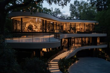 Fototapeta premium A modern multi-level home nestled in trees exudes warmth with elegant ambient lighting, showcasing an environmentally harmonious blend of nature and design.