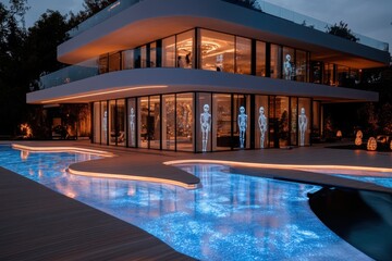 A contemporary home features an illuminated poolside view with digital skeleton displays, reflecting advancements in aesthetic technology and leisure design.