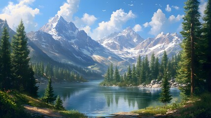 116. A stunning view of a mountain lake surrounded by evergreen trees and snow-capped peaks