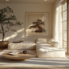 An elegant living room with cream furnishings, a bonsai tree, and large windows, creating a sunlit and stylish look.