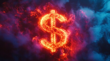 Flaming dollar sign on colorful smoke background, digital art concept.