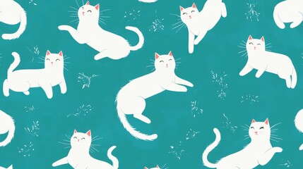 Naklejka premium Bright and playful pattern featuring white cats on a vibrant turquoise background, ideal for pet-themed or accessories.