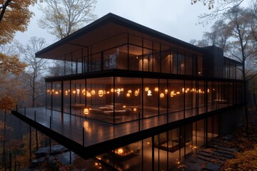 Fototapeta premium A glass house glowing with numerous pumpkin lights creates a magical evening setting amidst the forest, embodying a blend of modernity and traditional Halloween spirit.