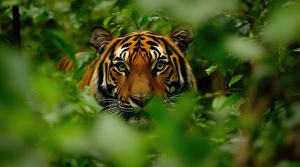Fototapeta premium Fierce Tiger Staring Through Lush Greenery