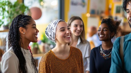 A community center hosting an inclusive event with people from different cultures and ages interacting