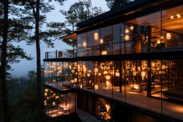 Obraz premium A striking glass-walled house adorned with brilliantly glowing Halloween decorations, seamlessly blending indoor elegance with the mystery of the forested night.