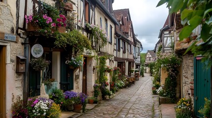 Fototapeta premium 122. A charming old town with cobblestone streets, quaint shops, and blooming flowers