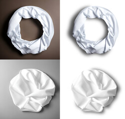 Round shapes in fabric cloth design PNG image.Pure white colored fabric cloth damped and twisted with soft shadows, best for clothing related graphic projects and posters.Transparent image