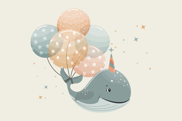 A festive greeting card, background, banner with a cute unicorn whale and balloons that are hand-drawn. Vector children's design. © Alyona 