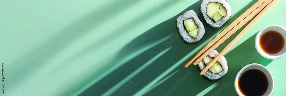 Aufkleber enjoy fresh japanese sushi rolls made with cucumber, served with soy sauce and chopsticks against a 