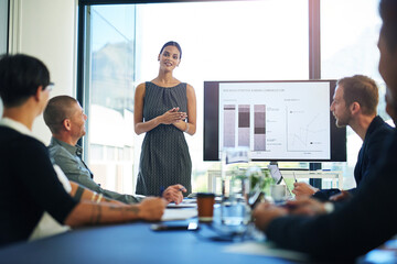 Woman, office and statistics on screen for pitch, report and feedback as finance analyst. Business,...