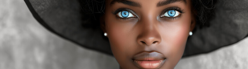 Fototapeta premium Elegant close-up portrait of woman with striking blue eyes and wide-brimmed hat. Banner, header