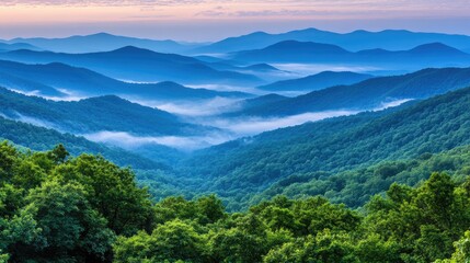 Obraz premium Serene Mountain Landscape at Dawn with Mist