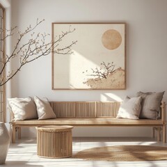 A peaceful room showcases a bamboo sofa and large artwork, embodying tranquility and harmony in a bright, calming environment.