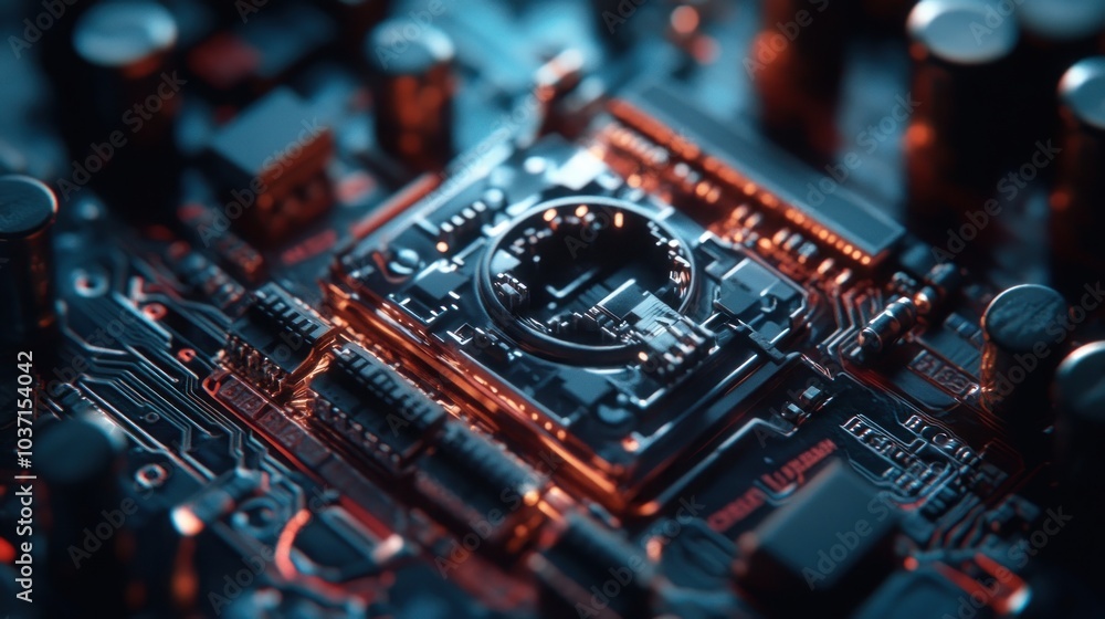 Poster close-up of a circuit board showcasing intricate electronic components.