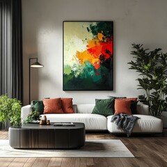 A stylish living room featuring abstract art, vibrant cushions, and plush furnishings, embodying modern luxury and comfort.