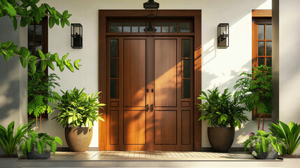 Elegant wooden double front door with plants and natural sunlight on porch