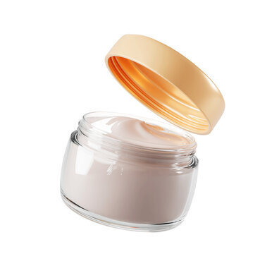 3d glass jar with cream, cosmetic transparent container mock up isolated on transparent background png render icon. Realistic open clear package with white beauty skincare product. 3D illustration
