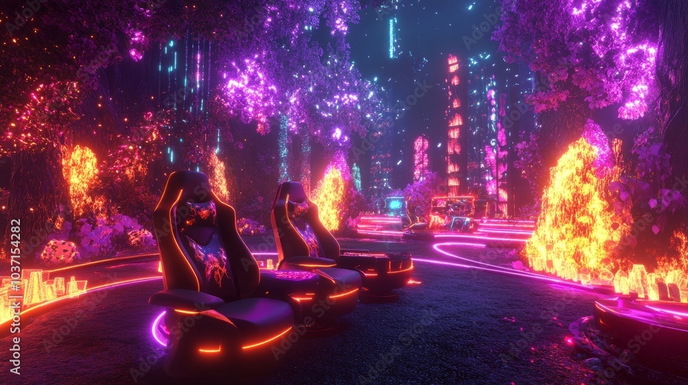 Poster enchanted gaming setup with glowing chairs and fiery elements, creating a captivating and surreal en