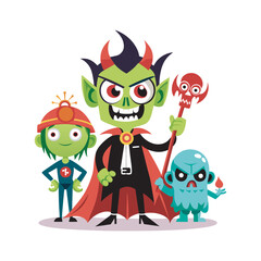 Halloween cartoon monster characters with a devilish leader and minions.