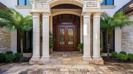 Fototapeta premium Elegant stone house entrance with wooden door and decorative columns