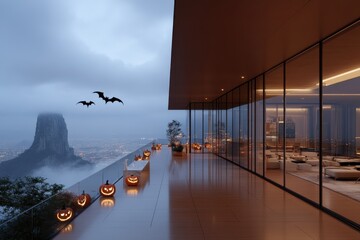 A luxurious glass home with Halloween pumpkins and bats, perched high with a misty view over a stunning landscape, creating a serene and captivating experience.