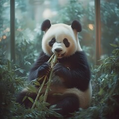 Obraz premium A serene giant panda munches on bamboo amidst lush green foliage, embodying a peaceful moment in its natural habitat.