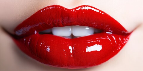 Obraz premium Glossy red lips isolated on a white background, showcasing the bold beauty of red lipstick and highlighting the details of a perfect makeup application.