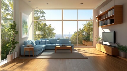 Fototapeta premium A bright living room with floor-to-ceiling windows offers lush green views and sleek furniture for modern comfort.