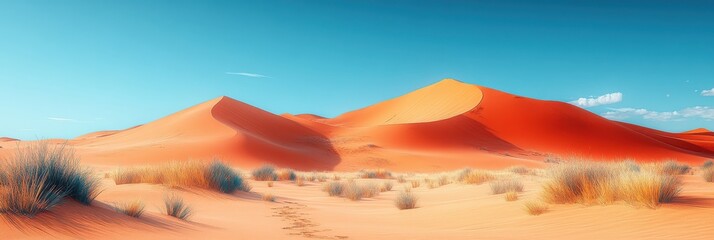 Endless Desert Serenity, expansive dunes flowing into the horizon, gentle sand gradients beneath a pristine sky, tranquil and vast atmosphere