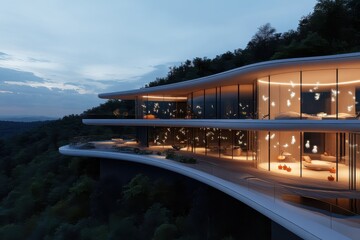 Obraz premium A striking futuristic home is adorned with floating lights that create an enchanting mystery, blending nature and modern design in an idyllic setting.