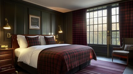 Obraz premium A classic bedroom with elegant tartan bedding, a large window, stylish lamps, and a cozy vintage ambiance.