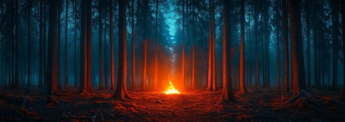 Mysterious night forest with tall trees illuminated by orange and blue light, featuring a bonfire creating an eerie atmosphere.