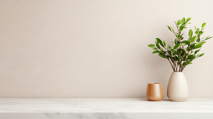 A minimalist interior setup featuring a green plant in a vase and a contemporary object against a soft beige wall, enhancing tranquility.