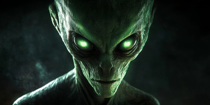 Futuristic glowing alien with large black eyes, emanating an eerie light in a dark and mysterious setting, representing the intriguing concept of extraterrestrial life.