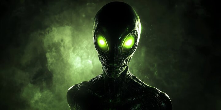 Futuristic glowing alien with large black eyes, emanating an eerie light in a dark and mysterious setting, representing the intriguing concept of extraterrestrial life.