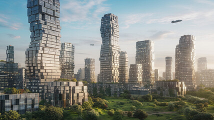 Naklejka premium Futuristic city skyline with tall buildings surrounded by greenery, showcasing modern architecture and advanced technology. scene evokes sense of innovation and progress