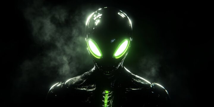 Futuristic glowing alien with large black eyes, emanating an eerie light in a dark and mysterious setting, representing the intriguing concept of extraterrestrial life.