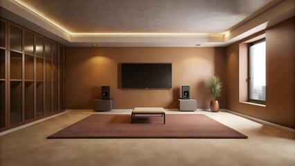 Fototapeta premium Minimalist interior design of modern entertainment room with carpet brown wall