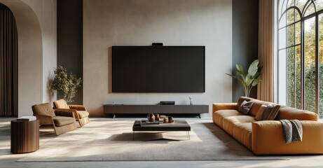 Elegant modern living room interior with contemporary furniture, stylish decor, and cozy yet sophisticated home ambiance. AI generated illustration.